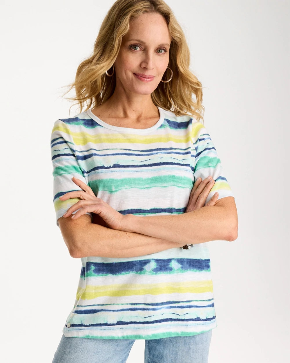Chico's | Striped Cotton Slub Elbow-Sleeve Tee/ Sage Lime