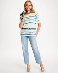 Chico's | Striped Cotton Slub Elbow-Sleeve Tee/ Sage Lime