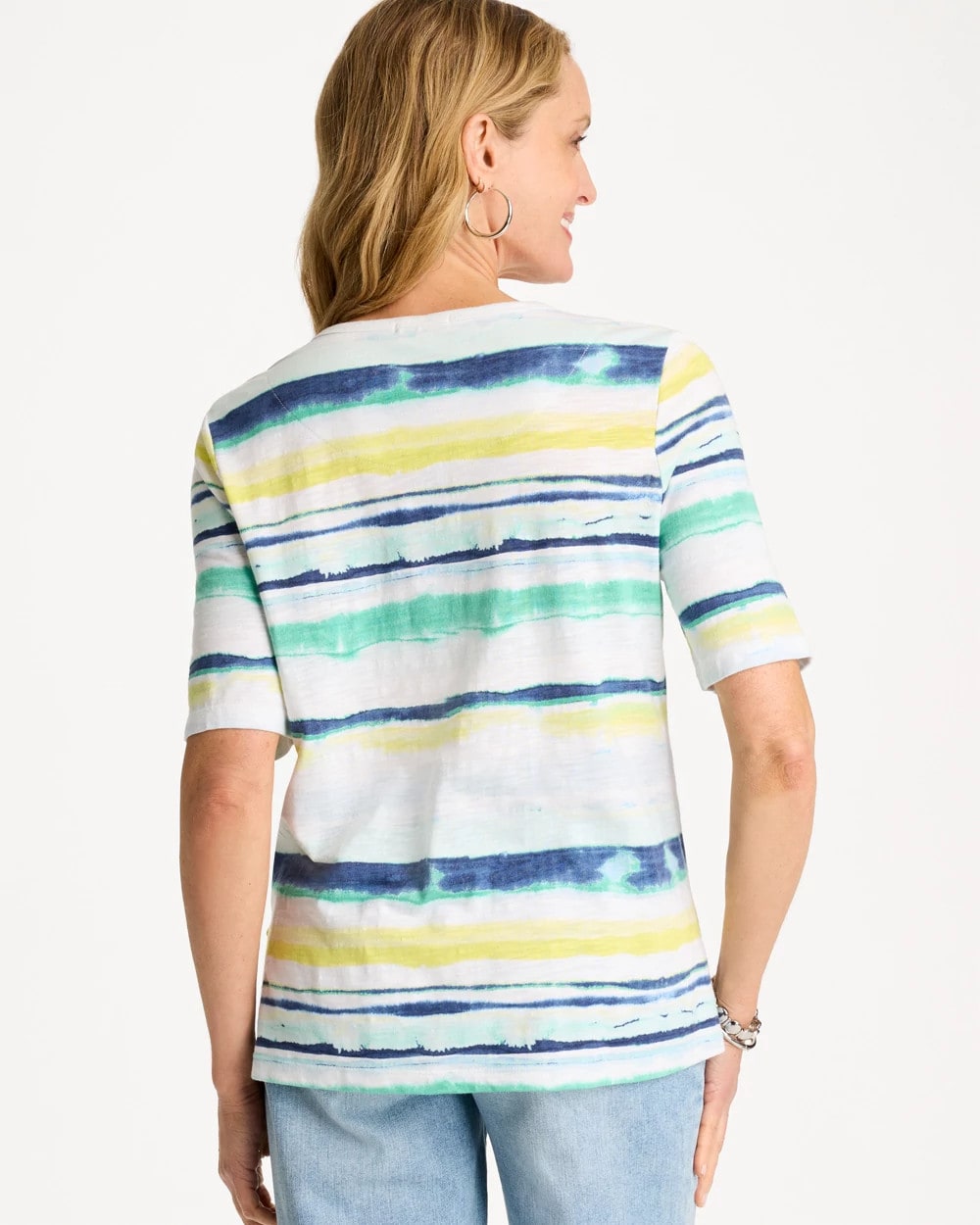 Chico's | Striped Cotton Slub Elbow-Sleeve Tee/ Sage Lime