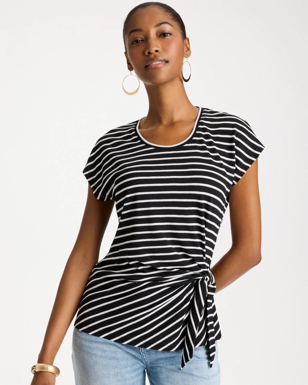 Chico's | Striped Tie-Front Tee/ Black