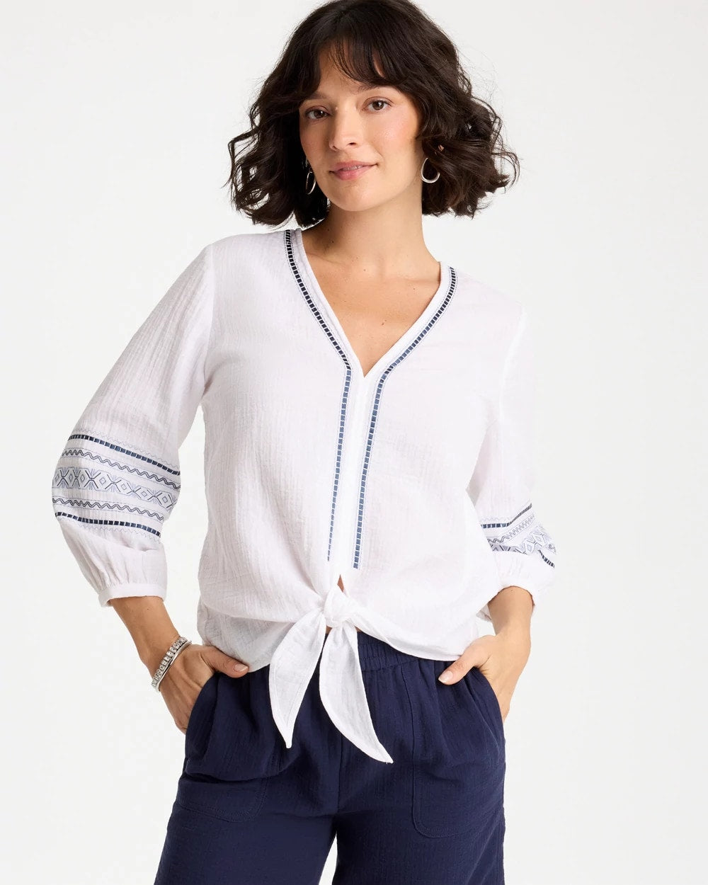 Chico's | Cotton Gauze Embroidered Tie-Front Blouse/ Alabaster