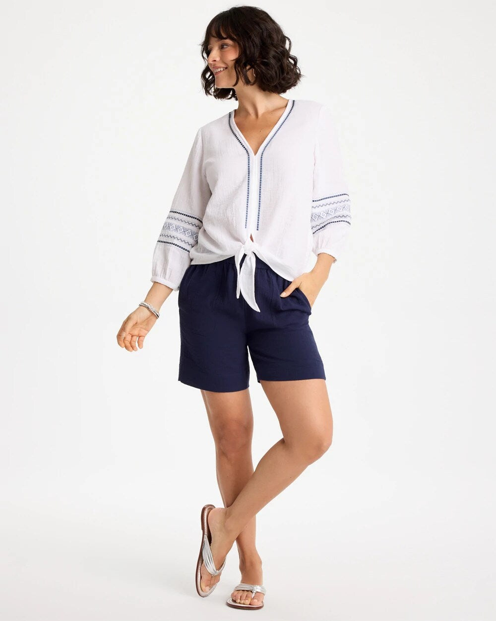 Chico's | Cotton Gauze Embroidered Tie-Front Blouse/ Alabaster