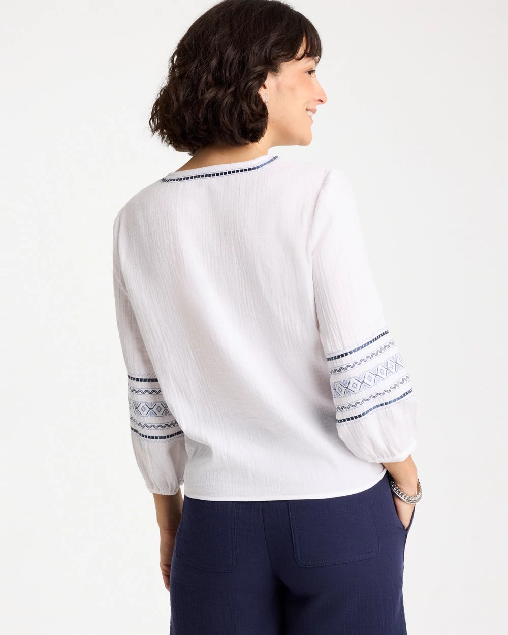 Chico's | Cotton Gauze Embroidered Tie-Front Blouse/ Alabaster