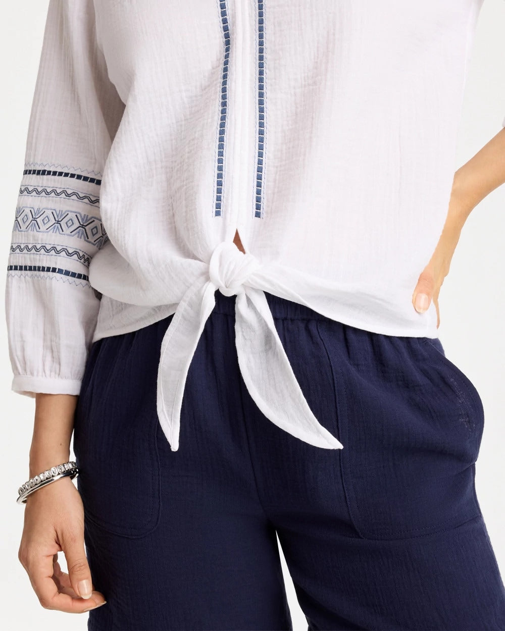 Chico's | Cotton Gauze Embroidered Tie-Front Blouse/ Alabaster