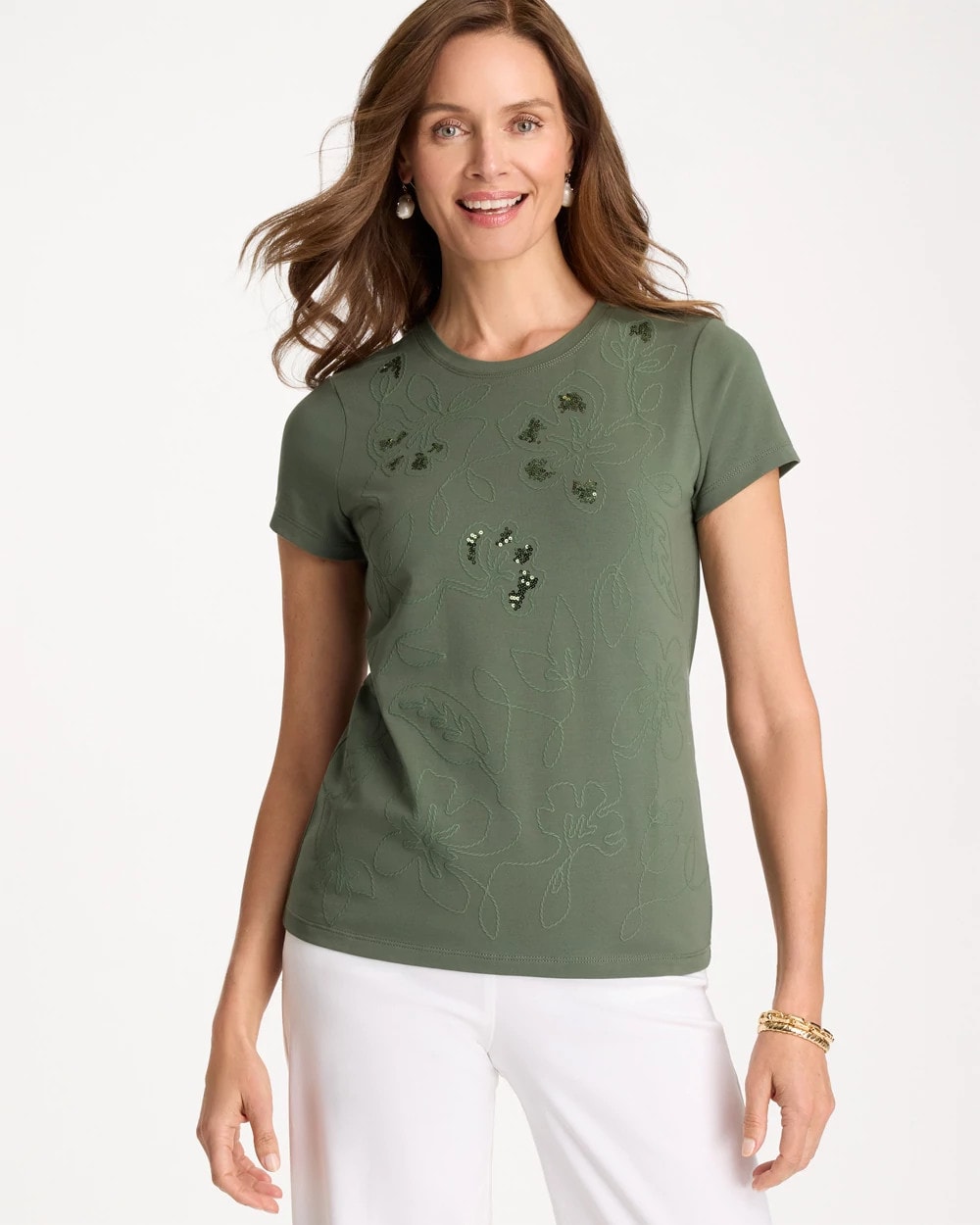 Chico's | Embellished Cotton Stretch Cap-Sleeve Tee/ Kelp Forest