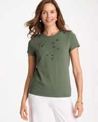 Chico's | Embellished Cotton Stretch Cap-Sleeve Tee/ Kelp Forest