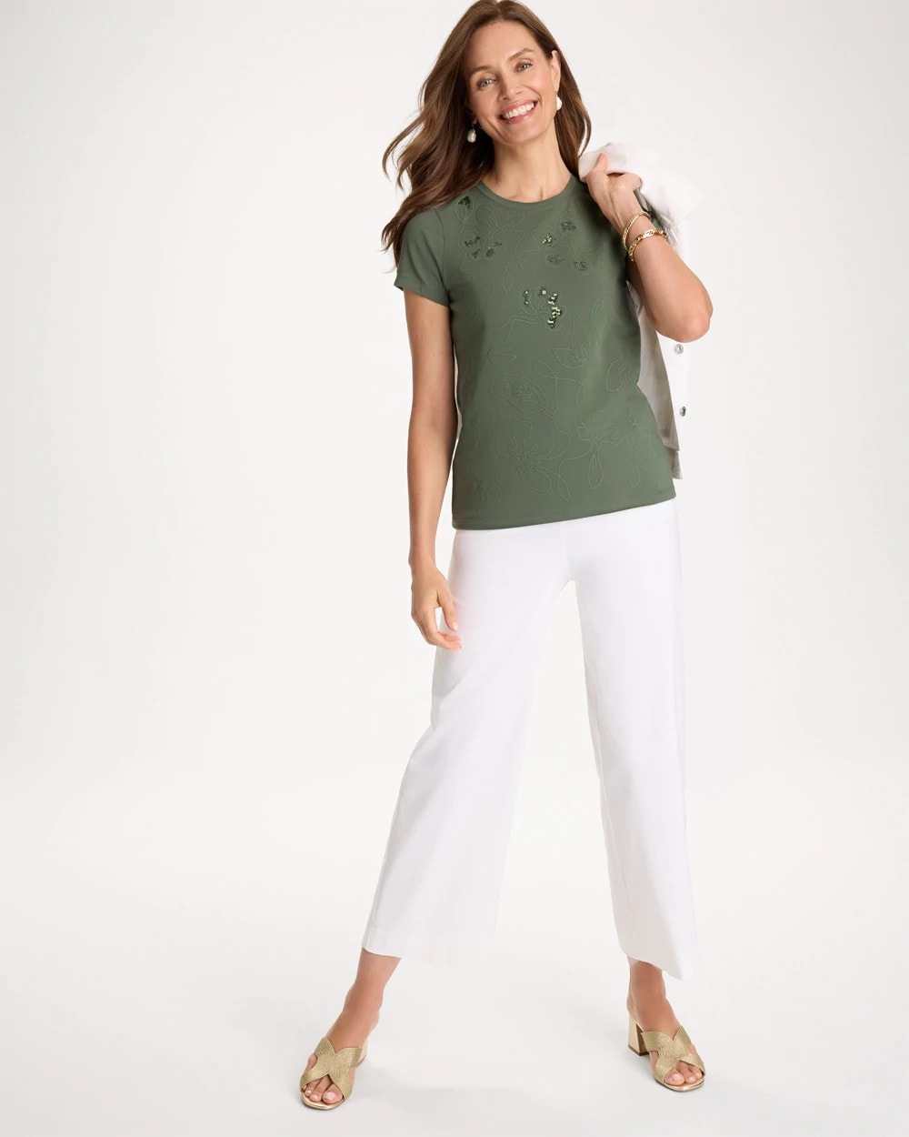 Chico's | Embellished Cotton Stretch Cap-Sleeve Tee/ Kelp Forest