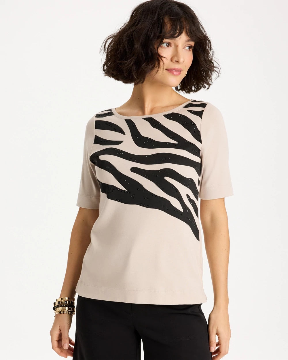 Chico's | Zebra Pima Elbow Sleeve Tee/ Smokey Taupe