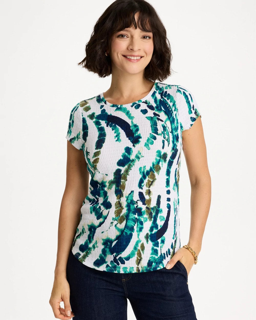Chico's | Printed Textured Knit Cap Sleeve Tee/ Topanga Green