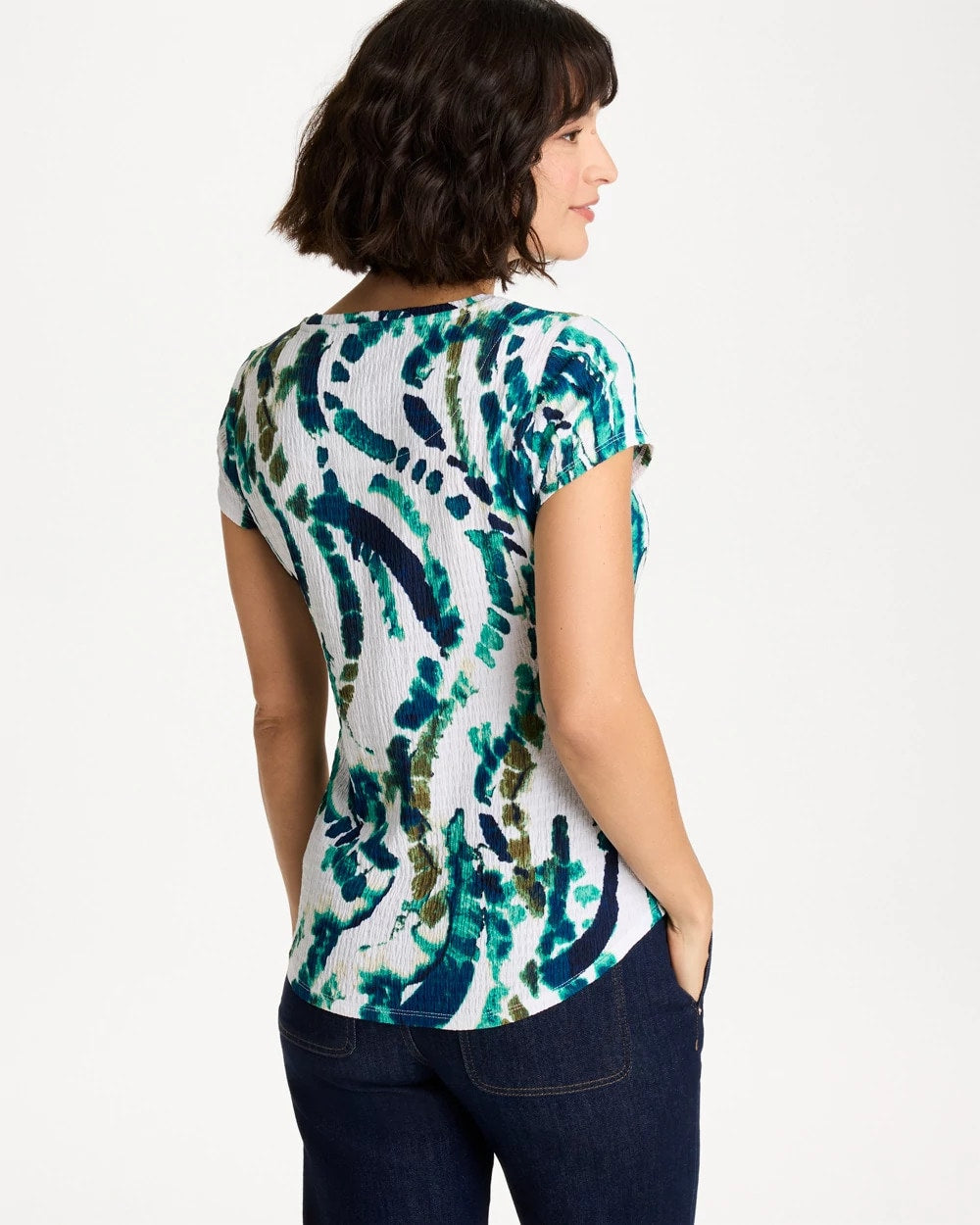 Chico's | Printed Textured Knit Cap Sleeve Tee/ Topanga Green