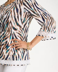Chico's | Tiger Linen Crochet Lace Tee/ Lagoon Blue