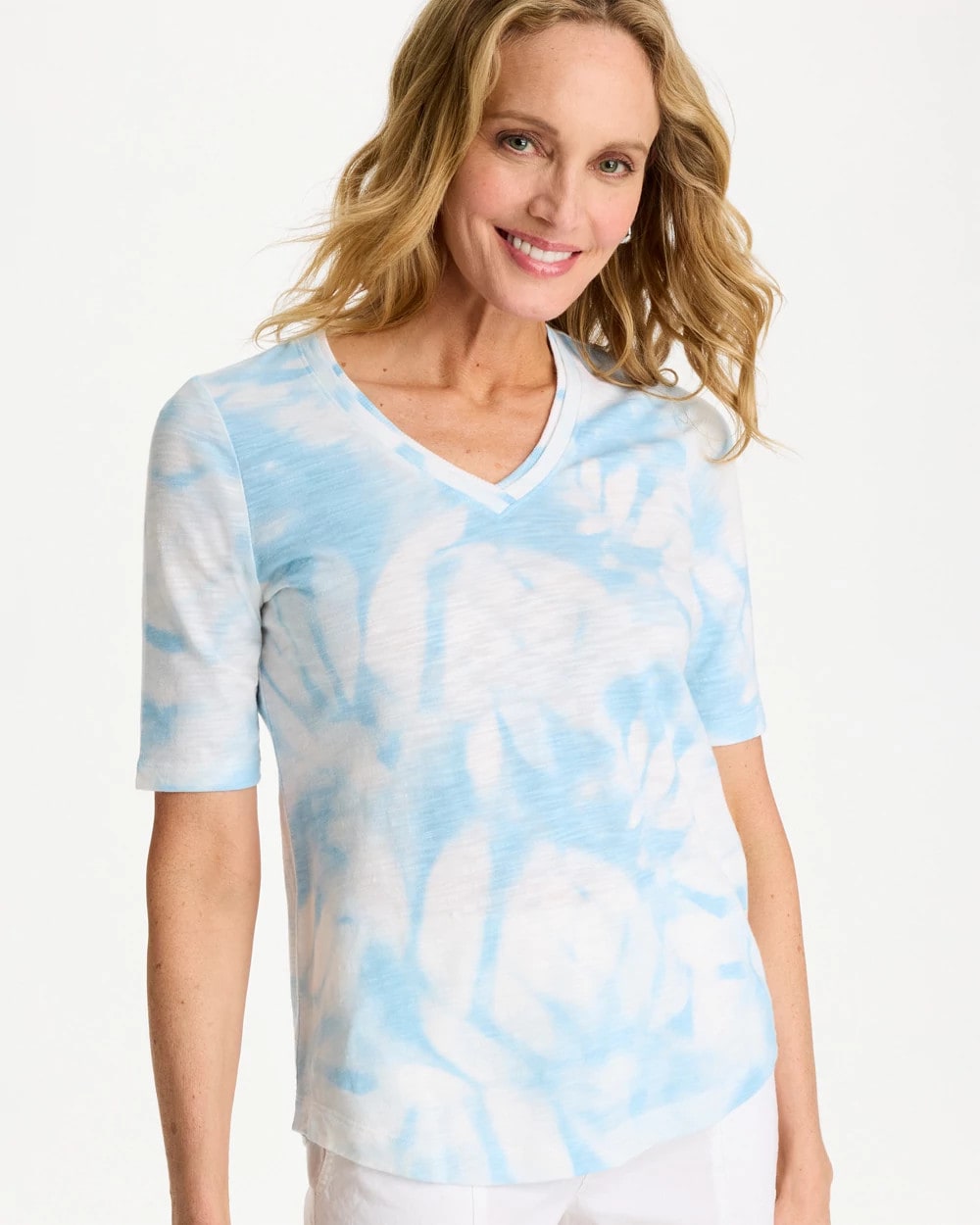 Chico's | Tie-Dye Palm Cotton Slub V-Neck Tee/ Blue Haven