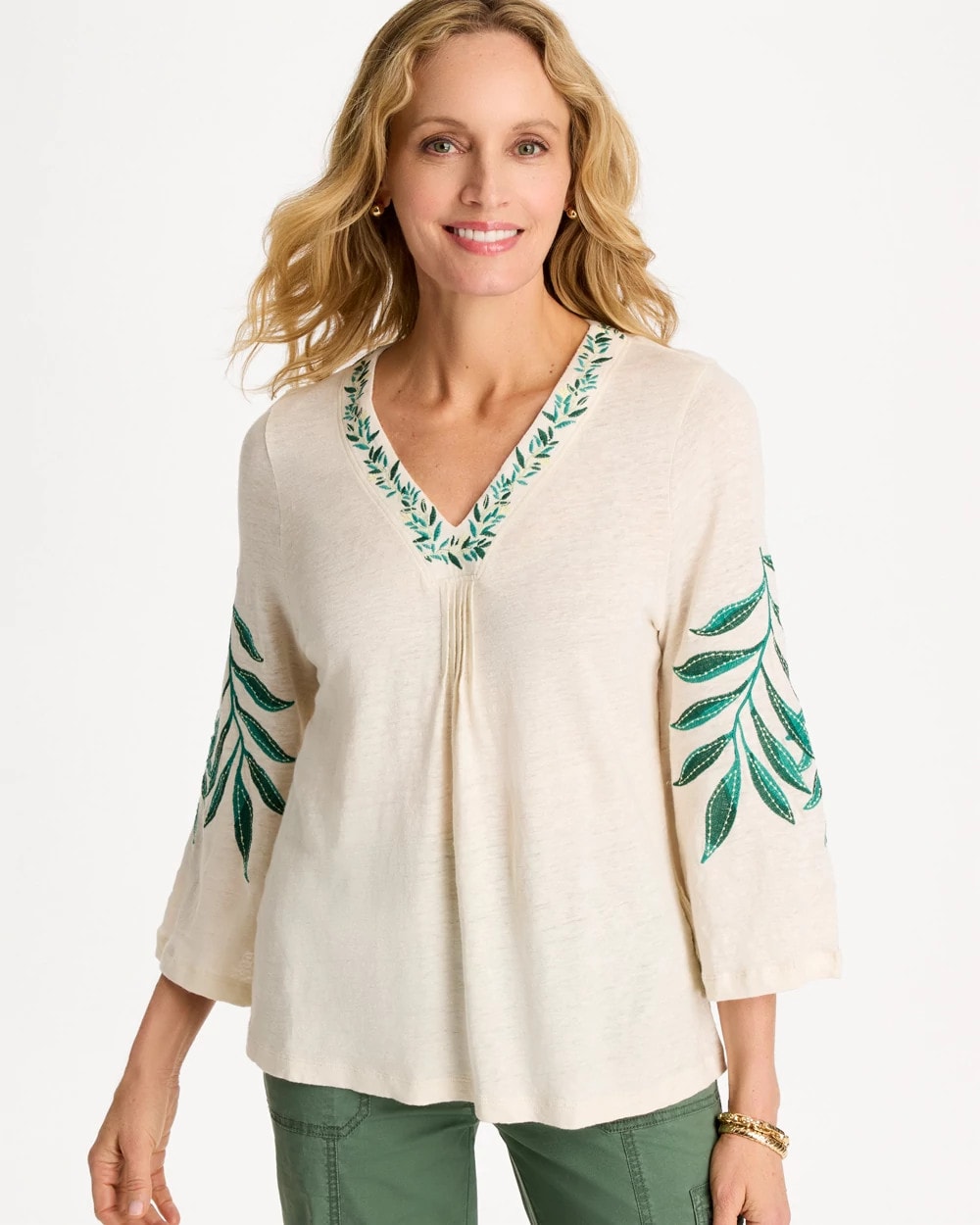 Chico's | Linen Palm Embroidered Pleated Tee/ Natural Cream