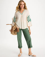 Chico's | Linen Palm Embroidered Pleated Tee/ Natural Cream