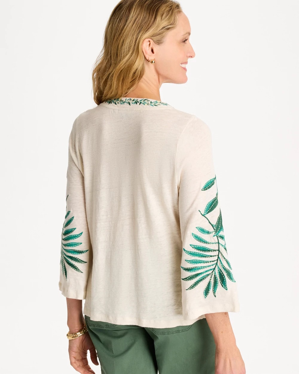 Chico's | Linen Palm Embroidered Pleated Tee/ Natural Cream