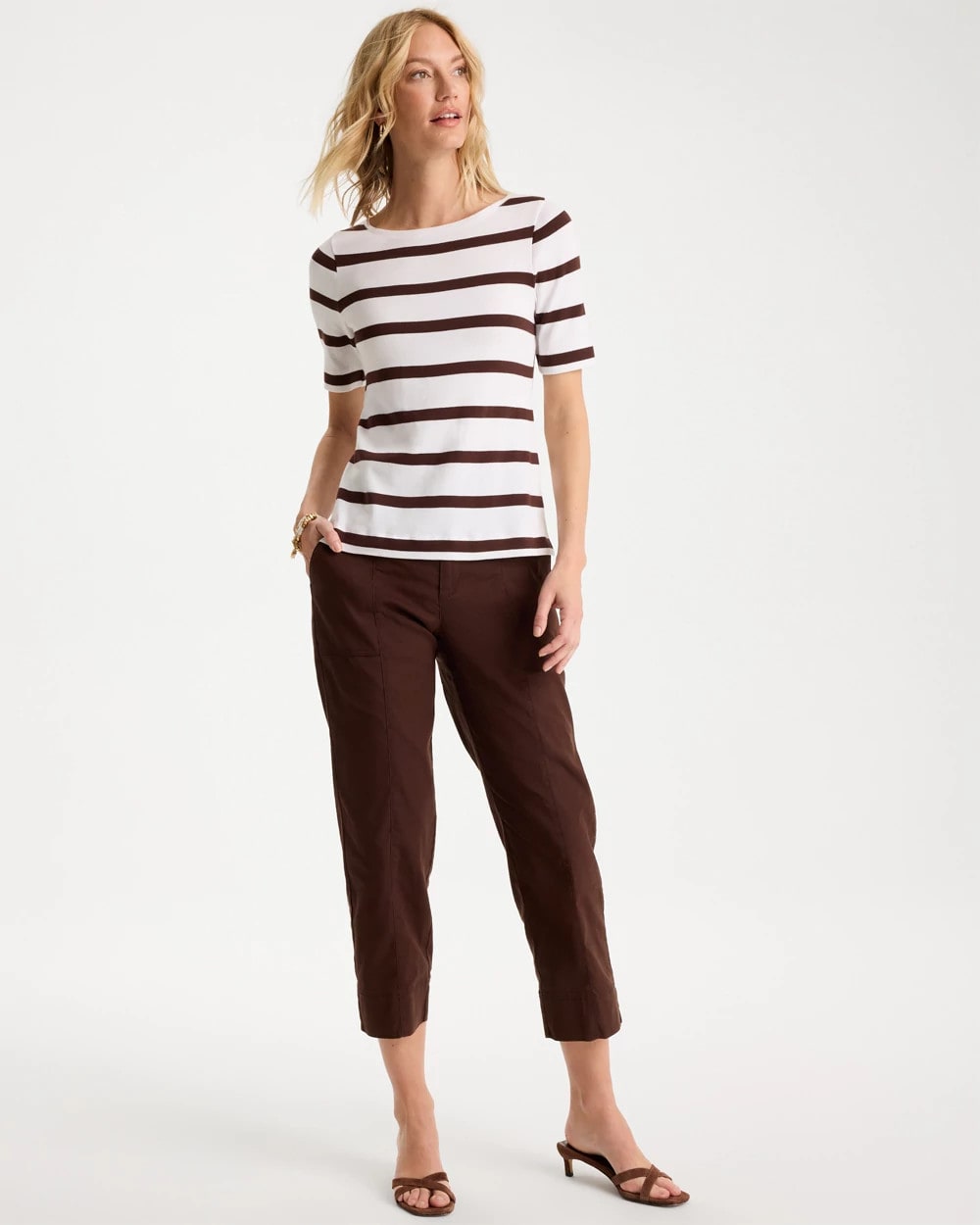 Chico's | Striped Pima Elbow Sleeve Tee/ Alabaster
