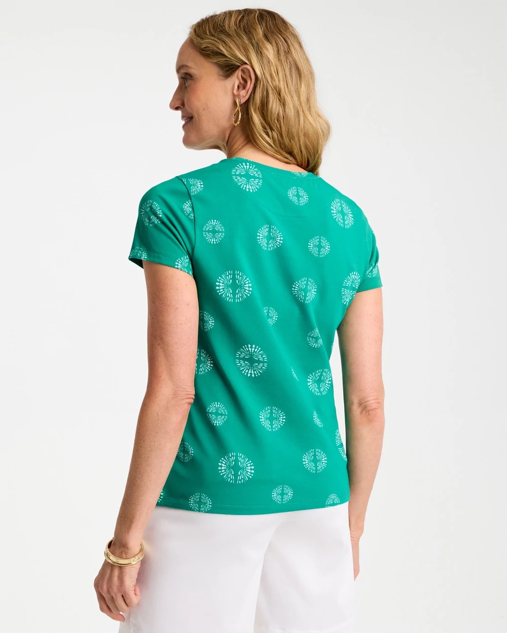 Chico's | Printed Cotton Stretch Cap-Sleeve Tee/ Topanga Green