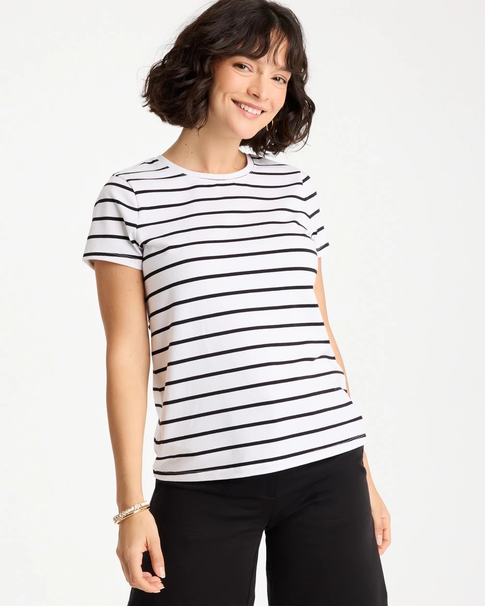 Chico's | Striped Cotton Stretch Cap-Sleeve Tee/ Black