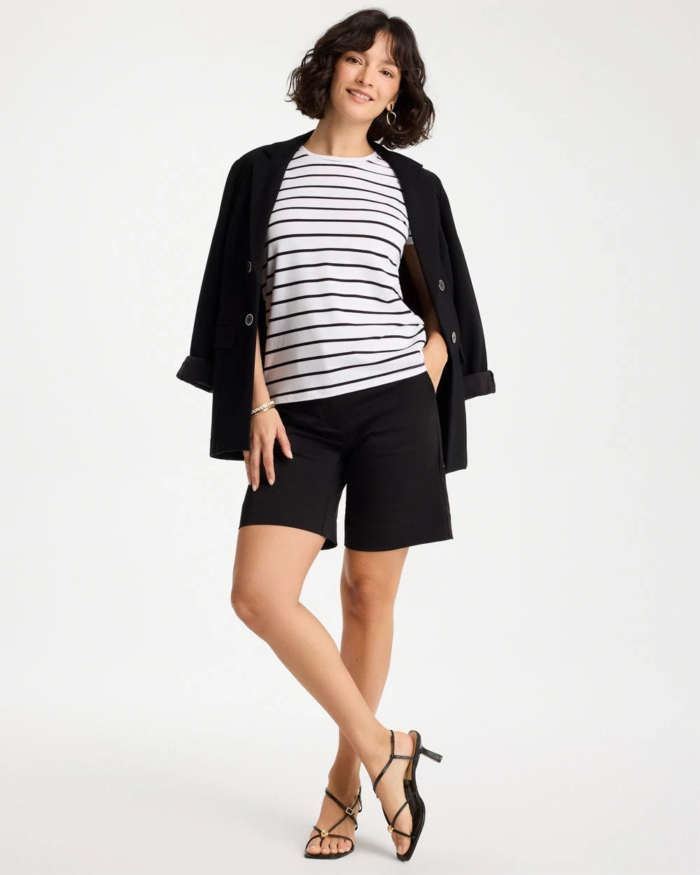 Chico's | Striped Cotton Stretch Cap-Sleeve Tee/ Black