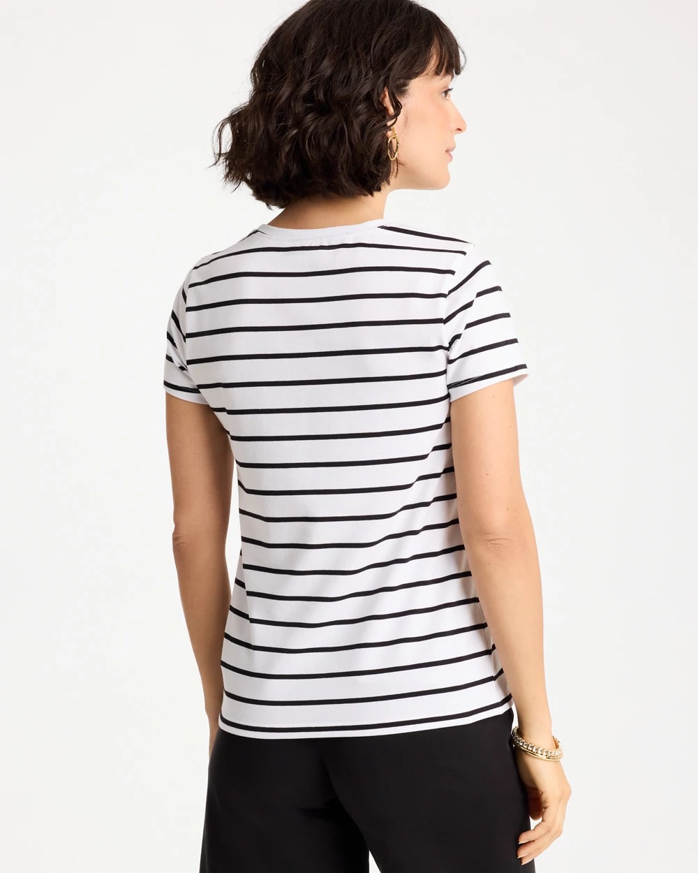 Chico's | Striped Cotton Stretch Cap-Sleeve Tee/ Black