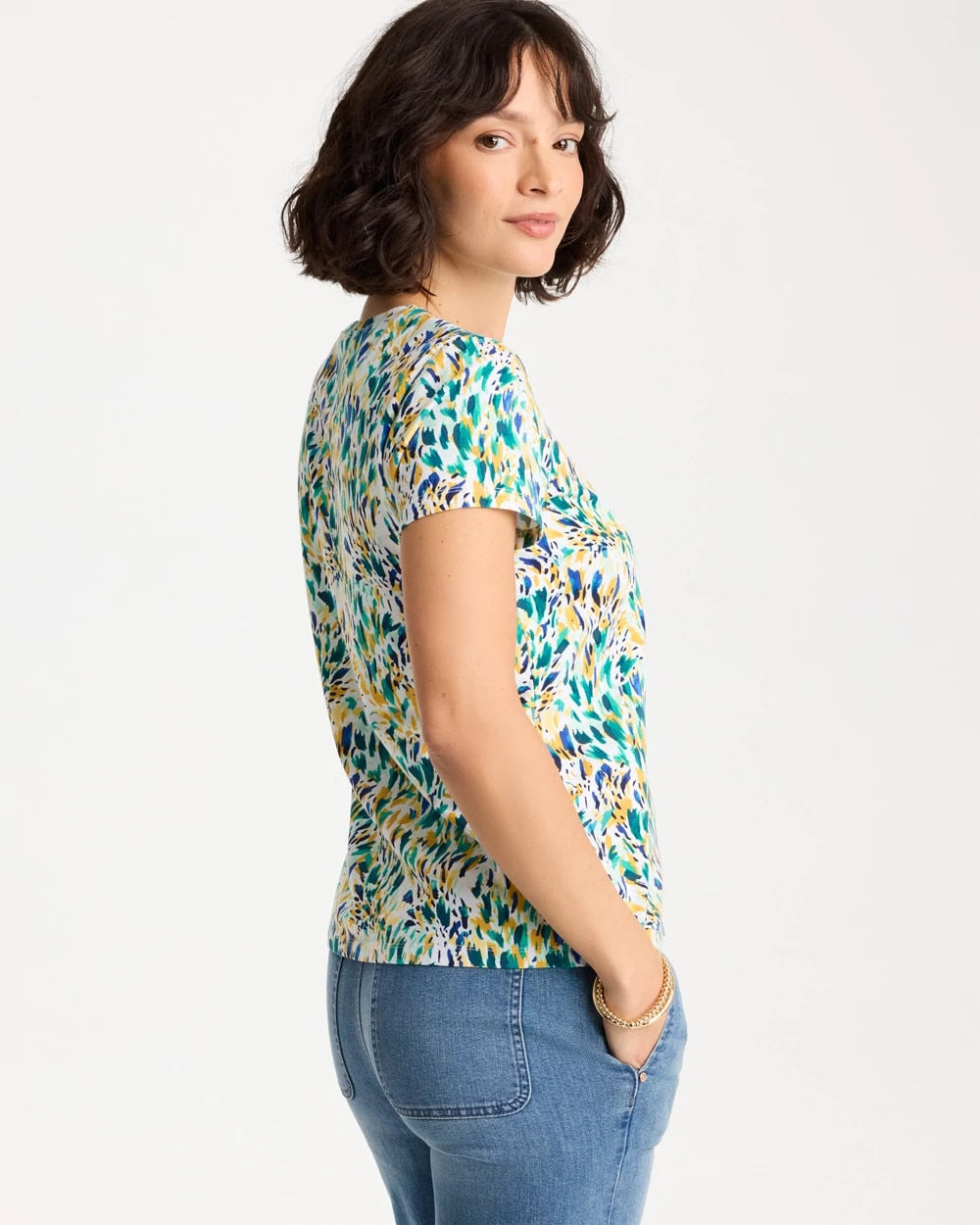 Chico's | Printed Cotton Stretch Cap-Sleeve Tee/ Alabaster