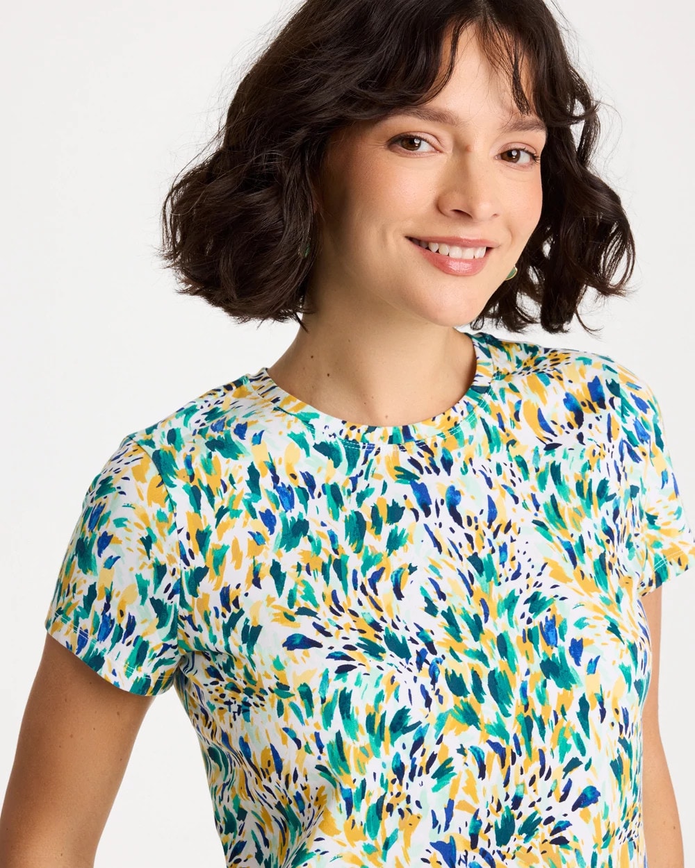 Chico's | Printed Cotton Stretch Cap-Sleeve Tee/ Alabaster