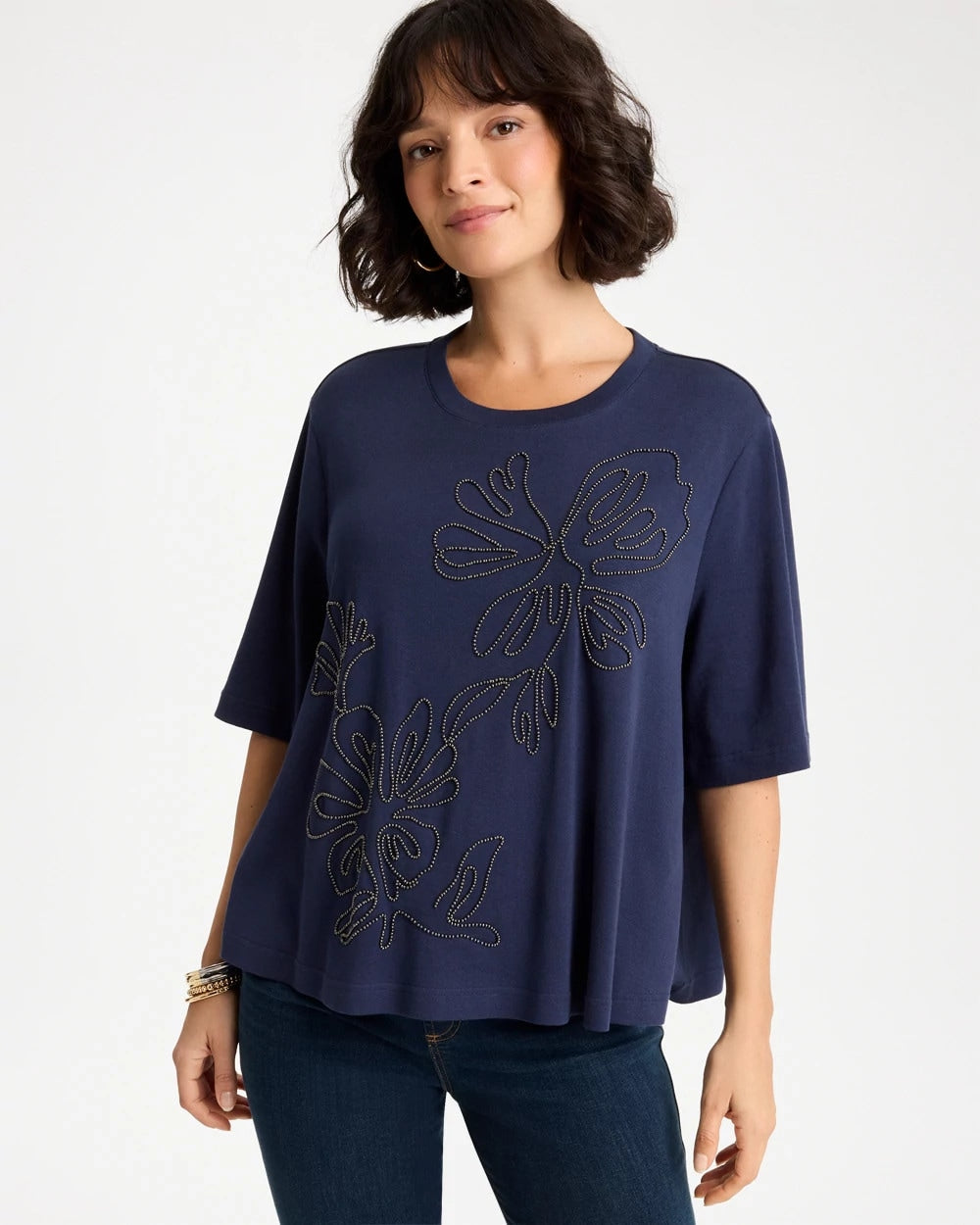 Chico's | Caviar Beaded Cotton Tee/ Passport Blue