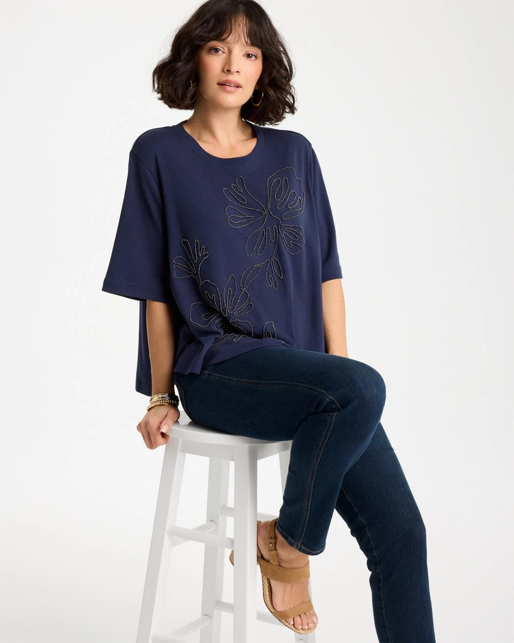 Chico's | Caviar Beaded Cotton Tee/ Passport Blue