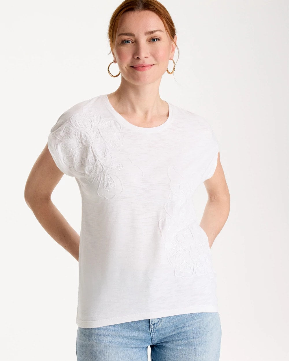 Chico's | Cotton Slub Embroidered Wedge Tee/ Alabaster