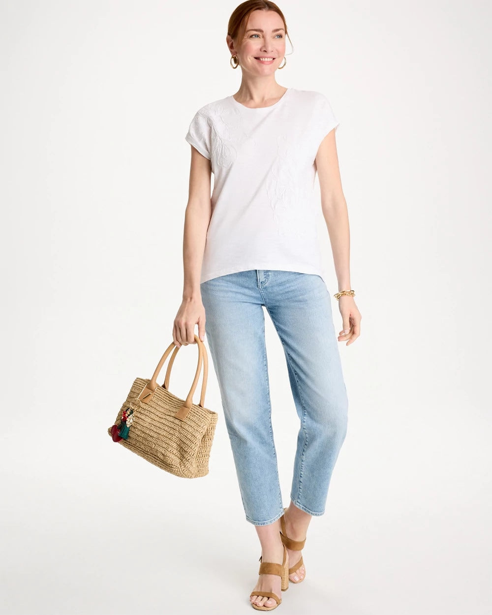 Chico's | Cotton Slub Embroidered Wedge Tee/ Alabaster