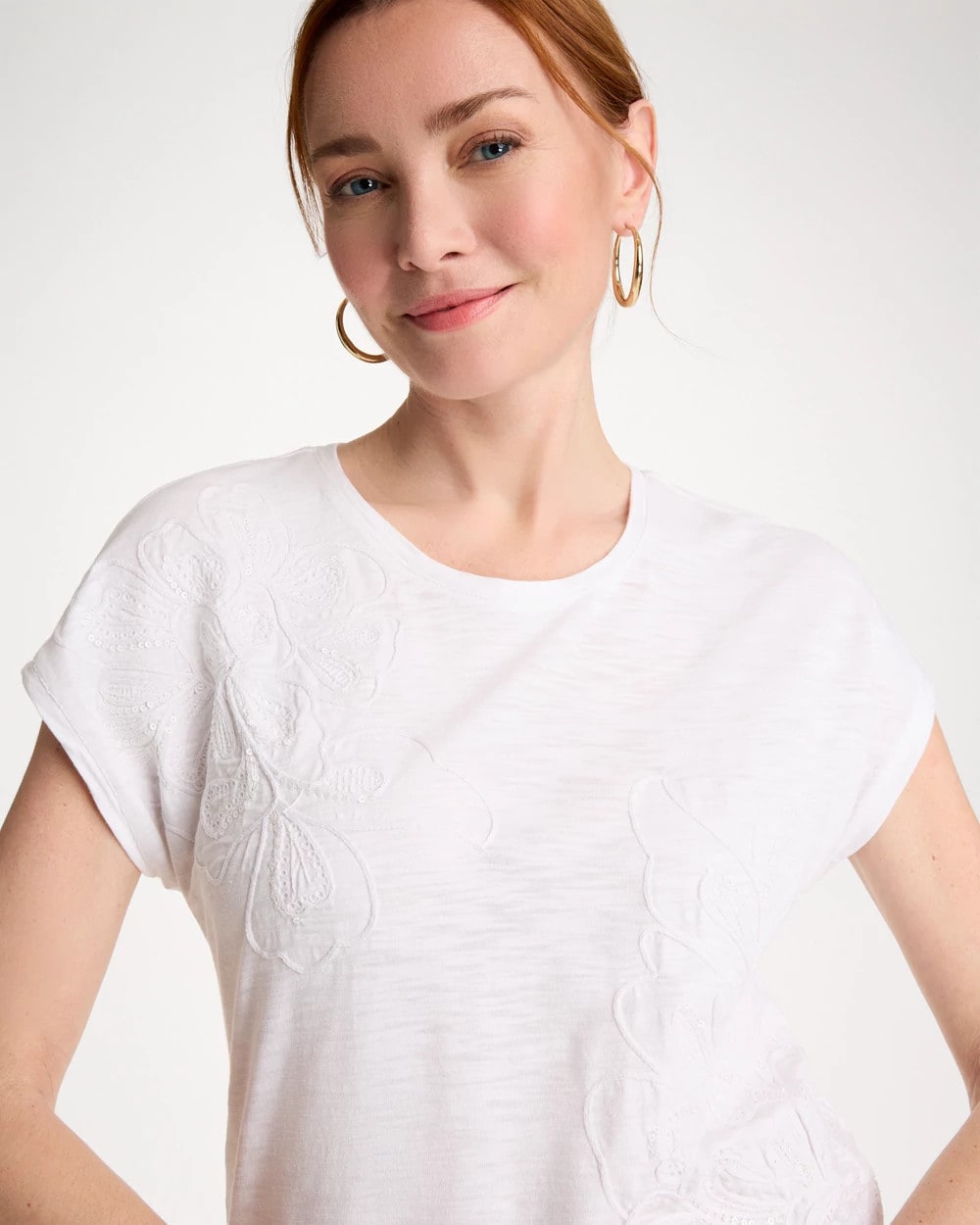 Chico's | Cotton Slub Embroidered Wedge Tee/ Alabaster