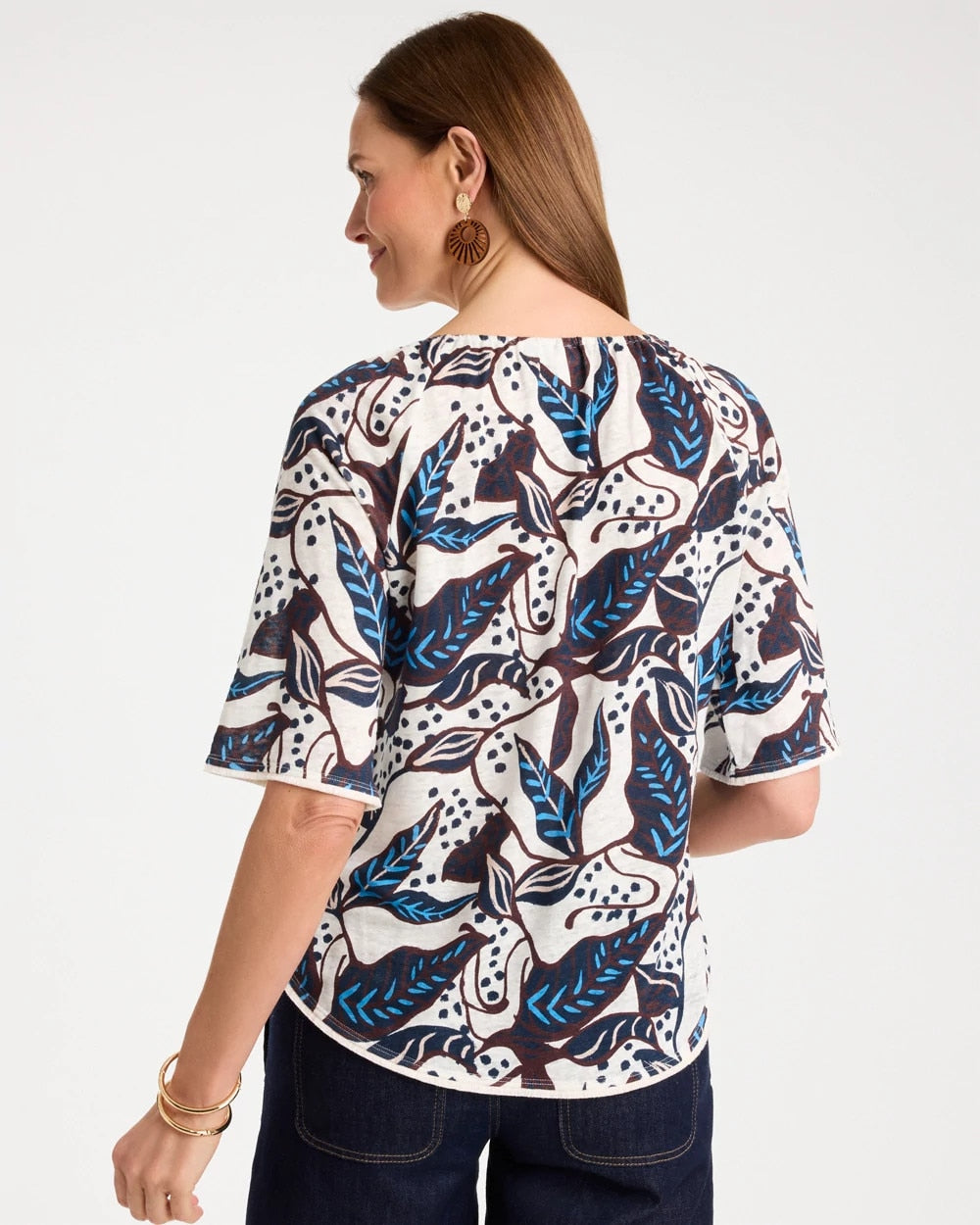 Chico's | Printed Linen Fringed Tee/ Passport Blue