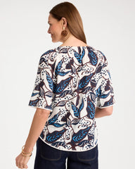 Chico's | Printed Linen Fringed Tee/ Passport Blue