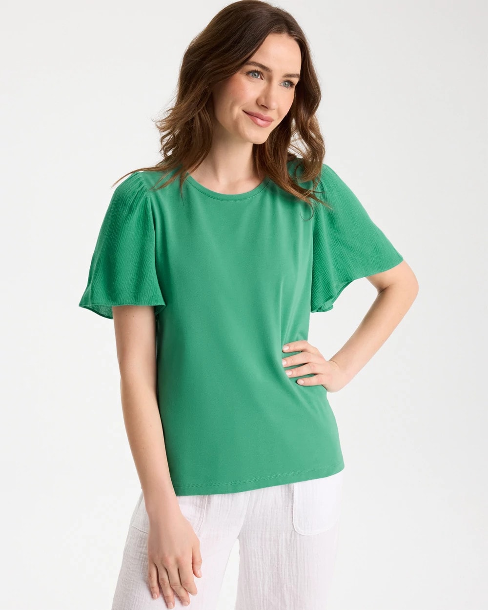 Chico's | Gauze Sleeve Soft-Stretch Tee/ Green Clover