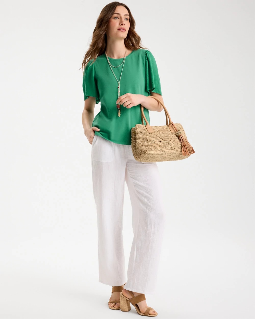 Chico's | Gauze Sleeve Soft-Stretch Tee/ Green Clover