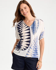 Chico's | Leaf Print Linen Ruched V-Neck Tee/ Passport Blue