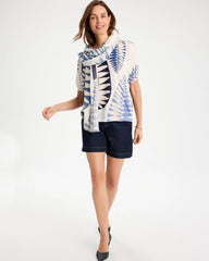 Chico's | Leaf Print Linen Ruched V-Neck Tee/ Passport Blue
