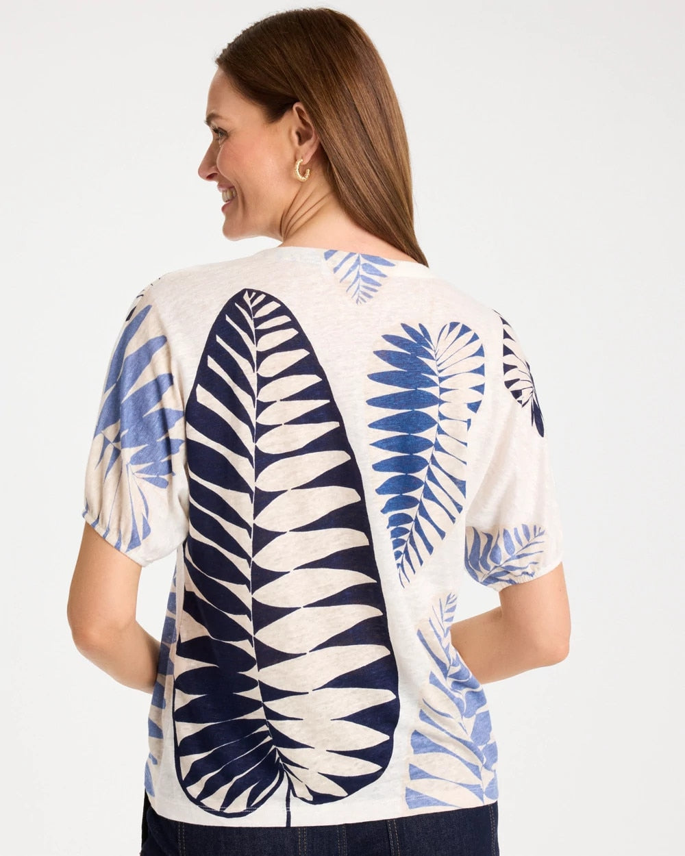 Chico's | Leaf Print Linen Ruched V-Neck Tee/ Passport Blue