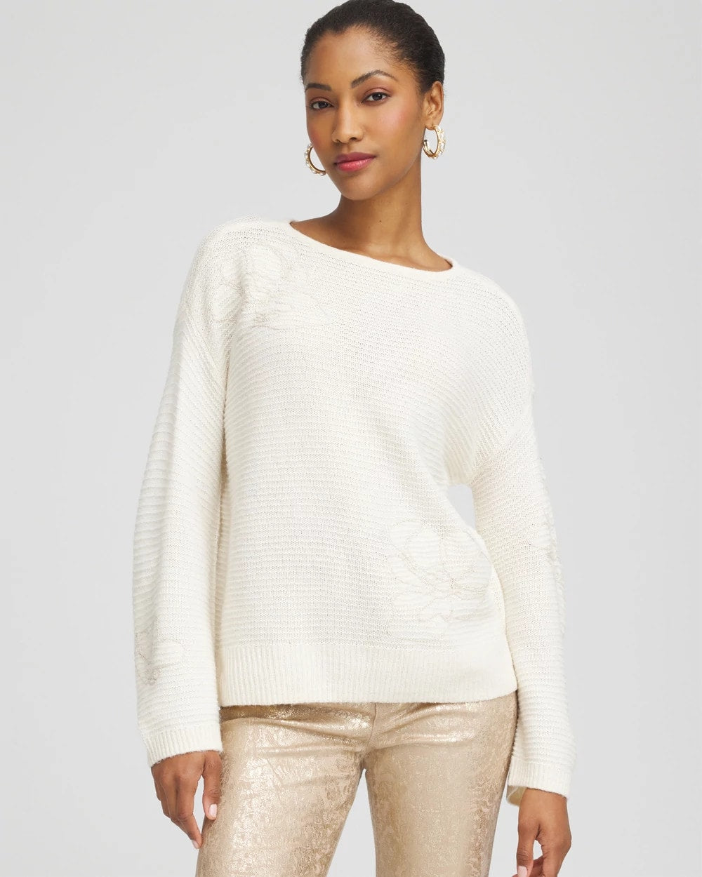 Chico's | Tonal Embroidered Boatneck Pullover Sweater/ English Cream