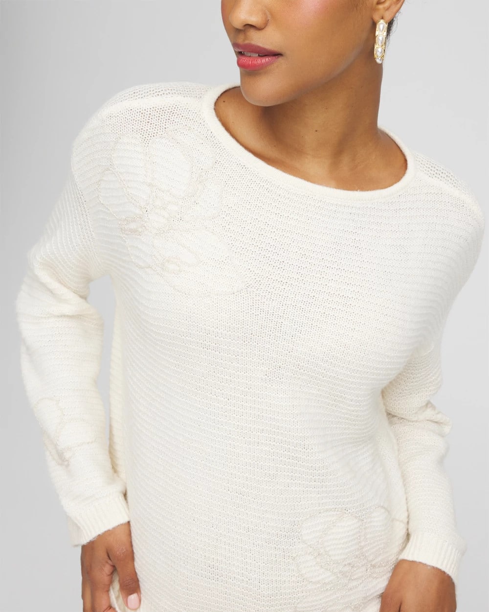 Chico's | Tonal Embroidered Boatneck Pullover Sweater/ English Cream