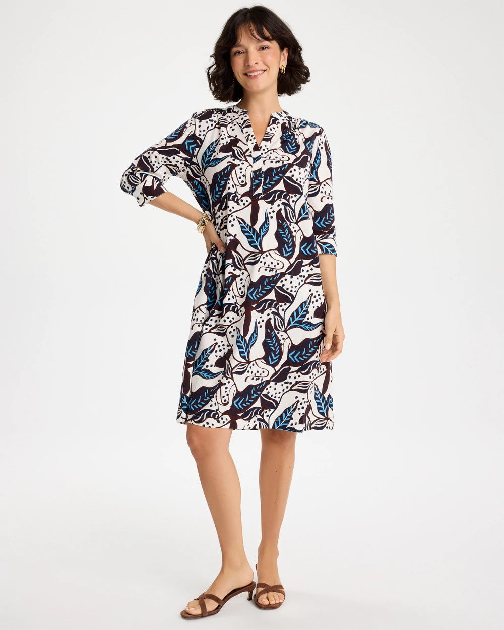 Chico's | Poplin Cotton Popover Printed Dress/ Passport Blue