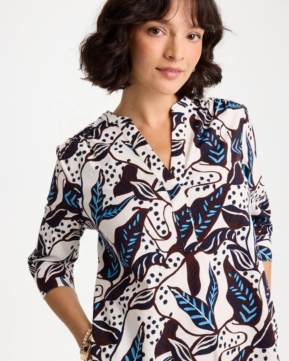 Chico's | Poplin Cotton Popover Printed Dress/ Passport Blue