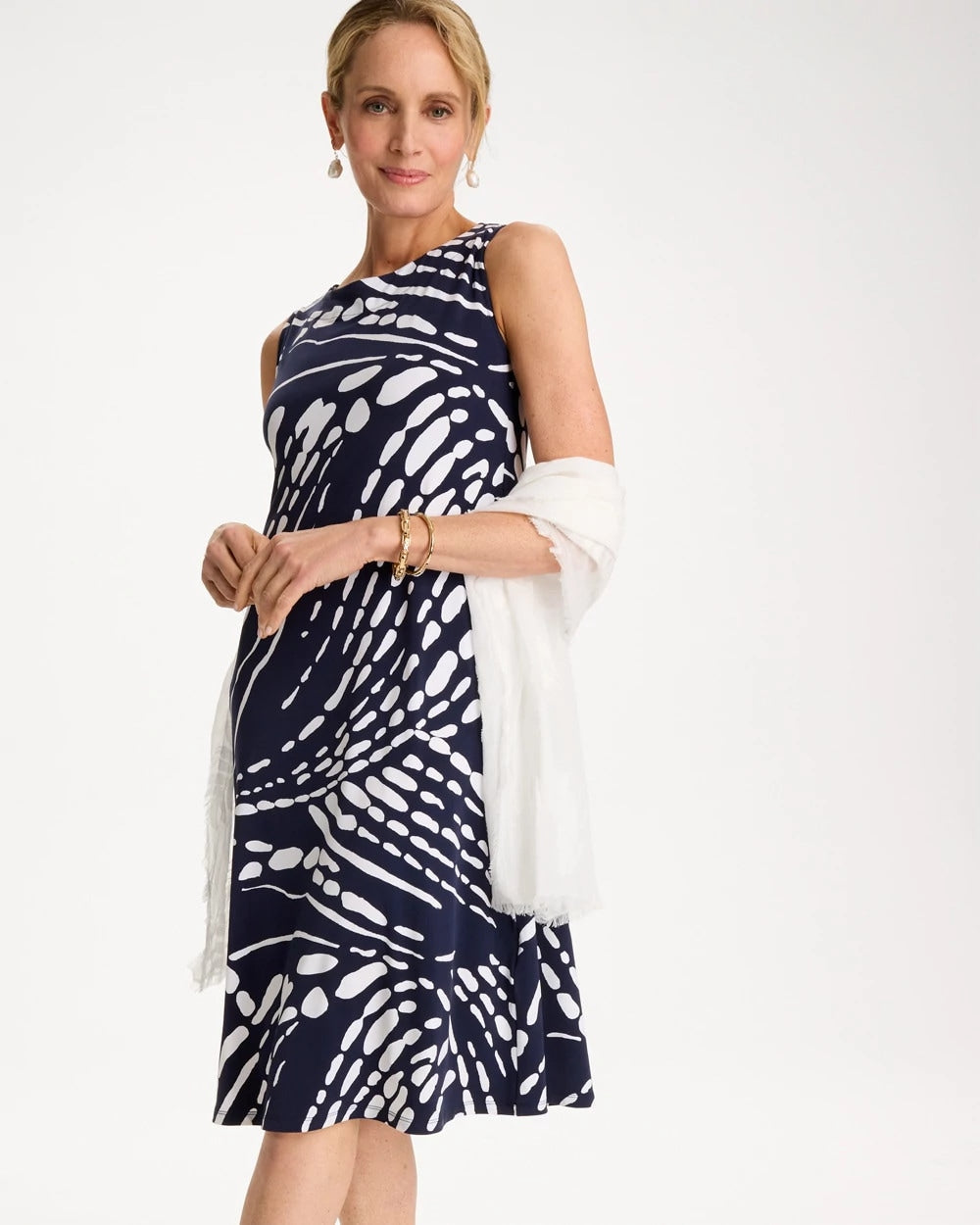 Chico's | Jersey Knit Printed Shift Dress/ Passport Blue