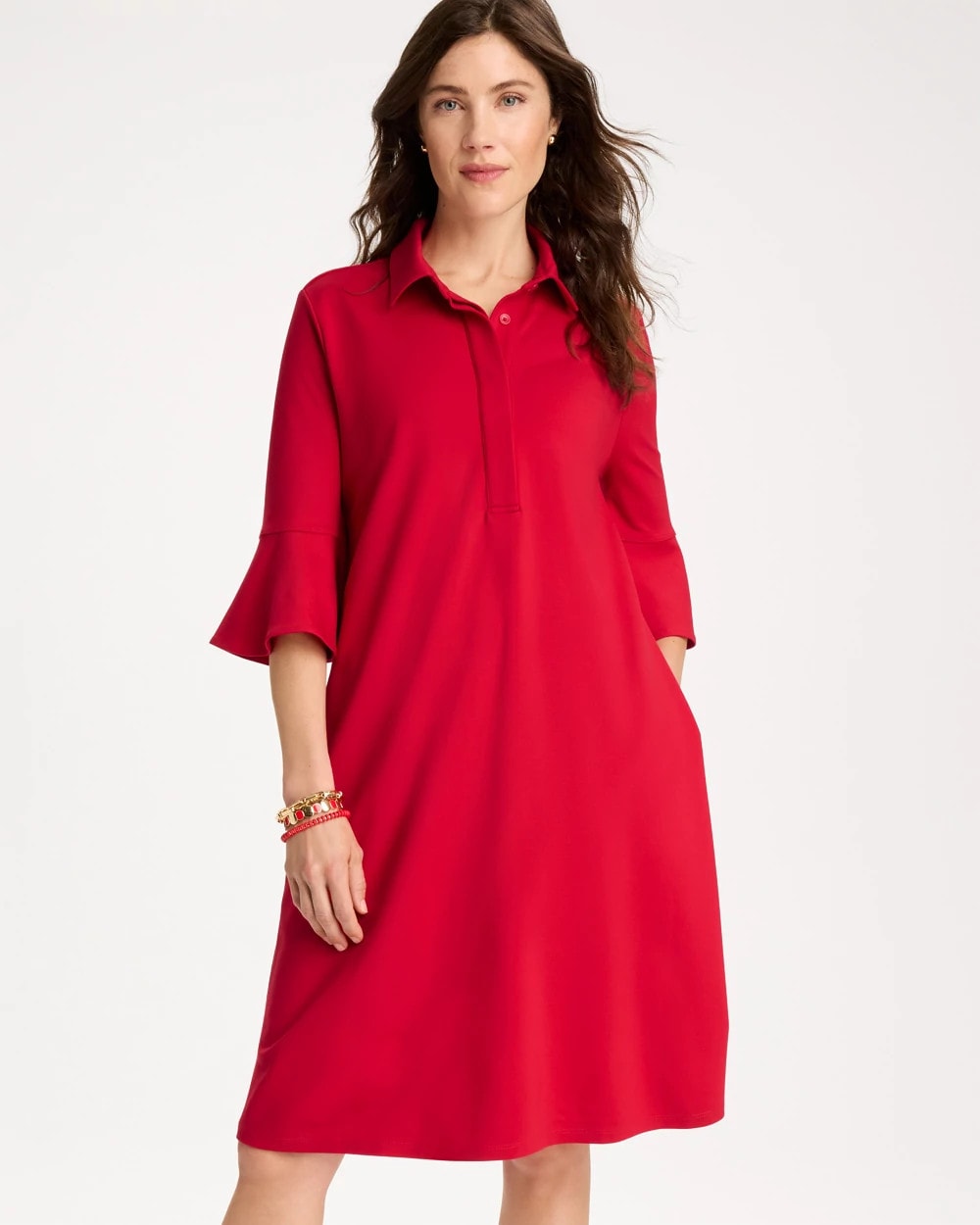 Chico's | Ponte Knit Flounce Sleeve Dress/ Cherry Lush