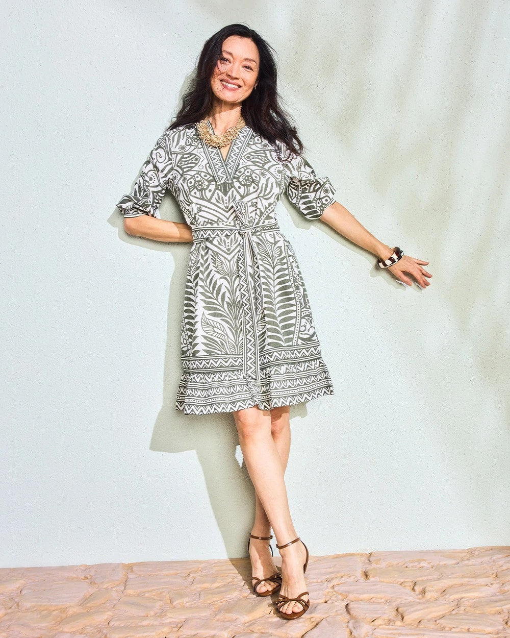 Chico's | Printed Cotton-Linen Belted Dress/ Kelp Forest