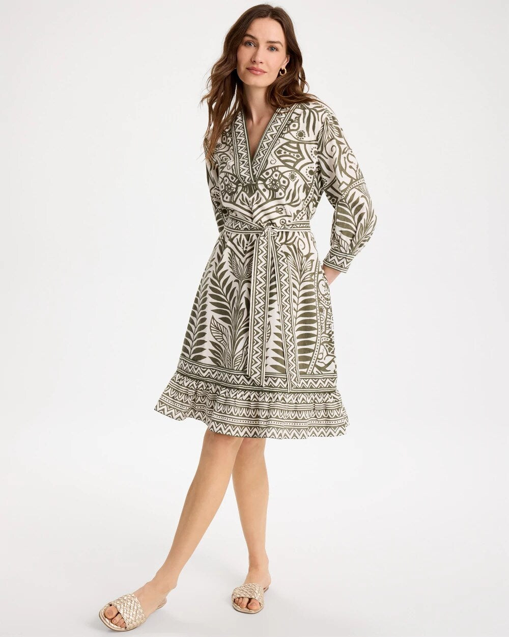 Chico's | Printed Cotton-Linen Belted Dress/ Kelp Forest