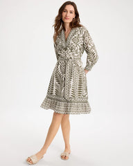 Chico's | Printed Cotton-Linen Belted Dress/ Kelp Forest