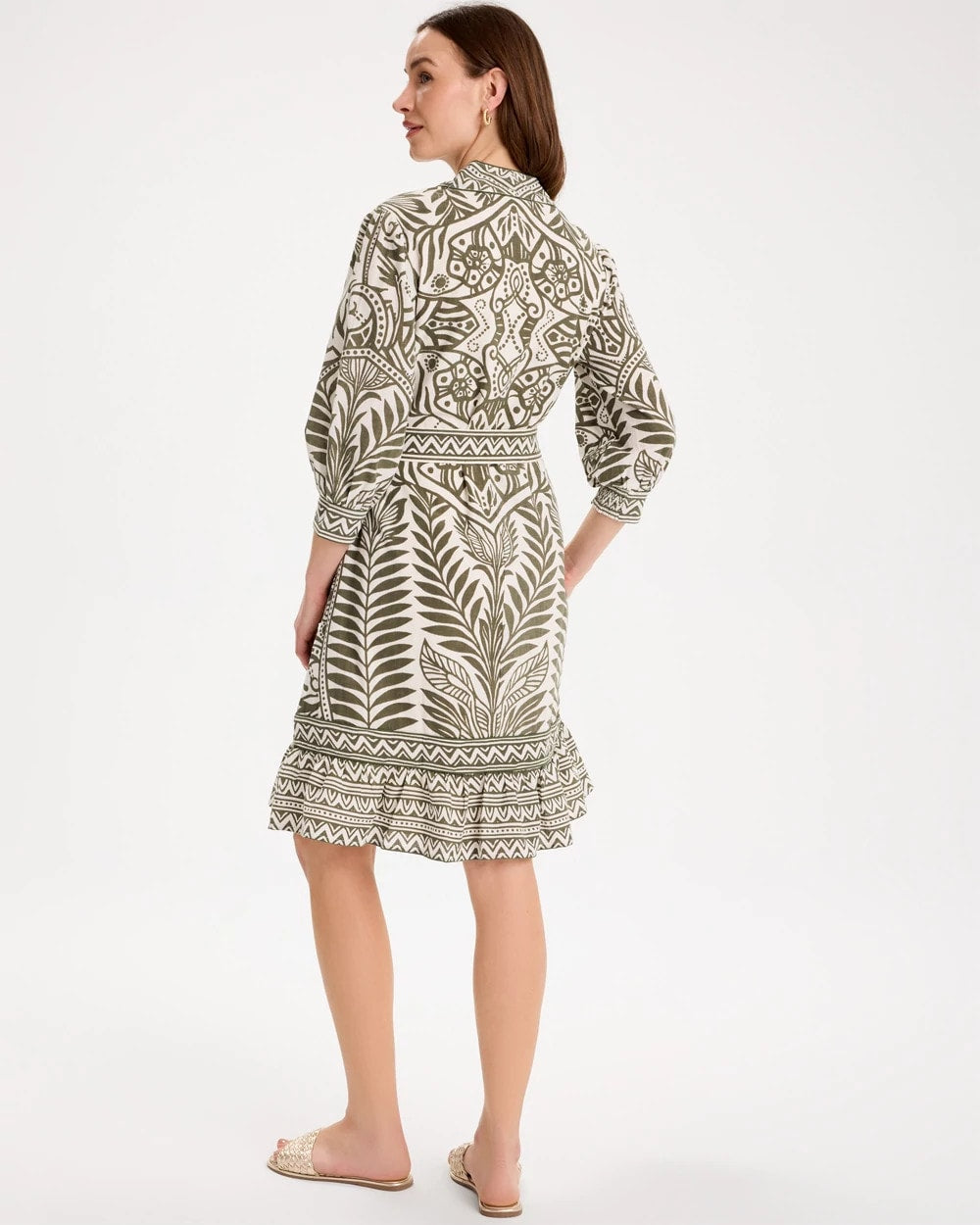 Chico's | Printed Cotton-Linen Belted Dress/ Kelp Forest
