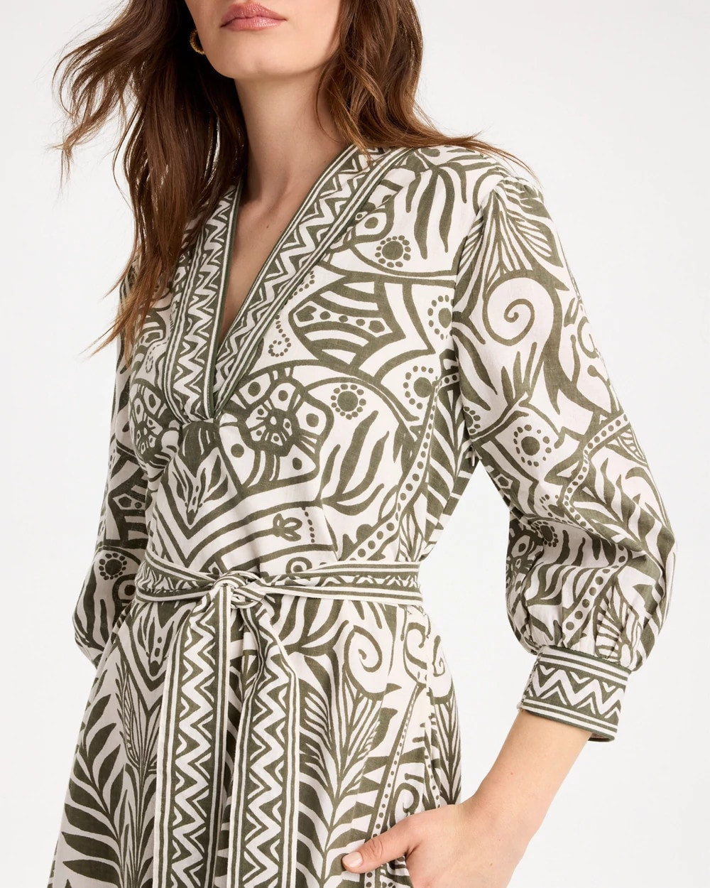 Chico's | Printed Cotton-Linen Belted Dress/ Kelp Forest