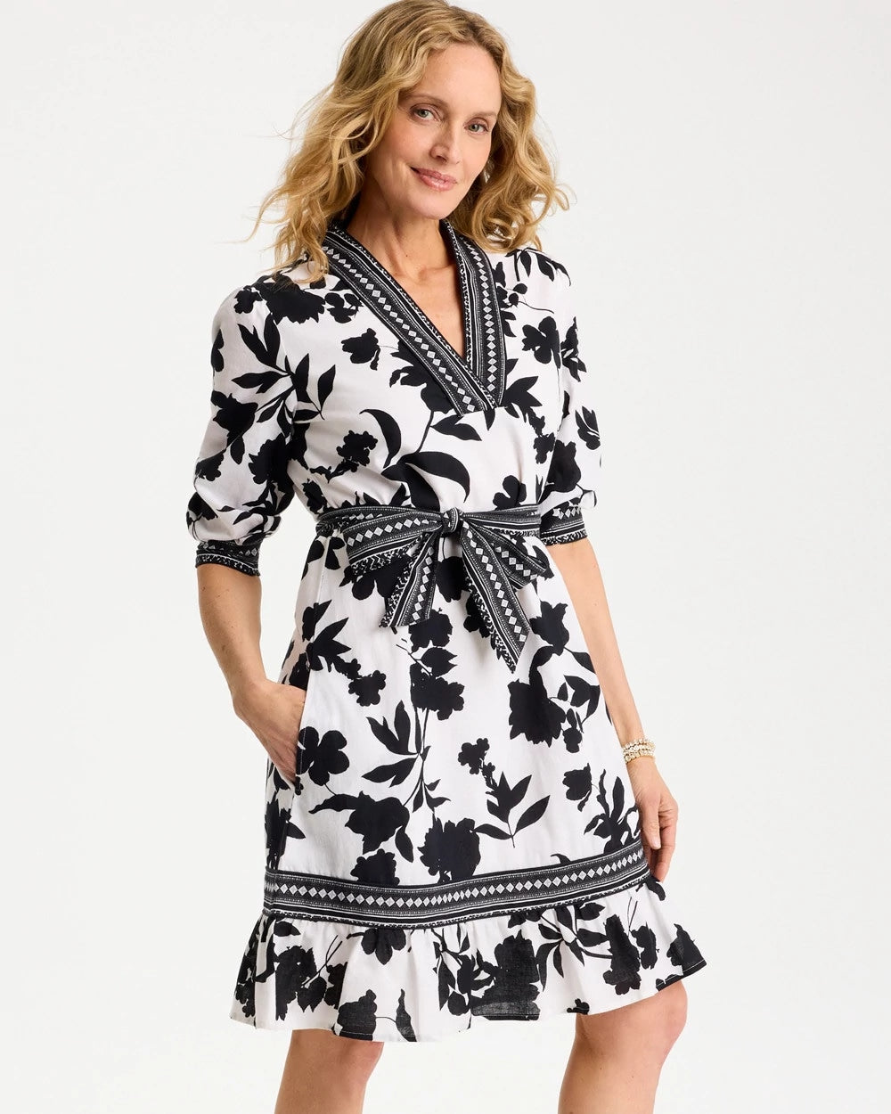 Chico's | Floral Cotton-Linen Belted Dress/ Black